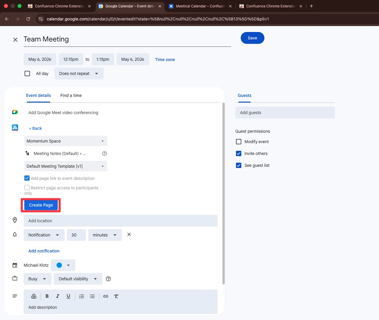meetical-confluence-chrome-extension-screenshot-create-and-save-the-meeting-page.webp