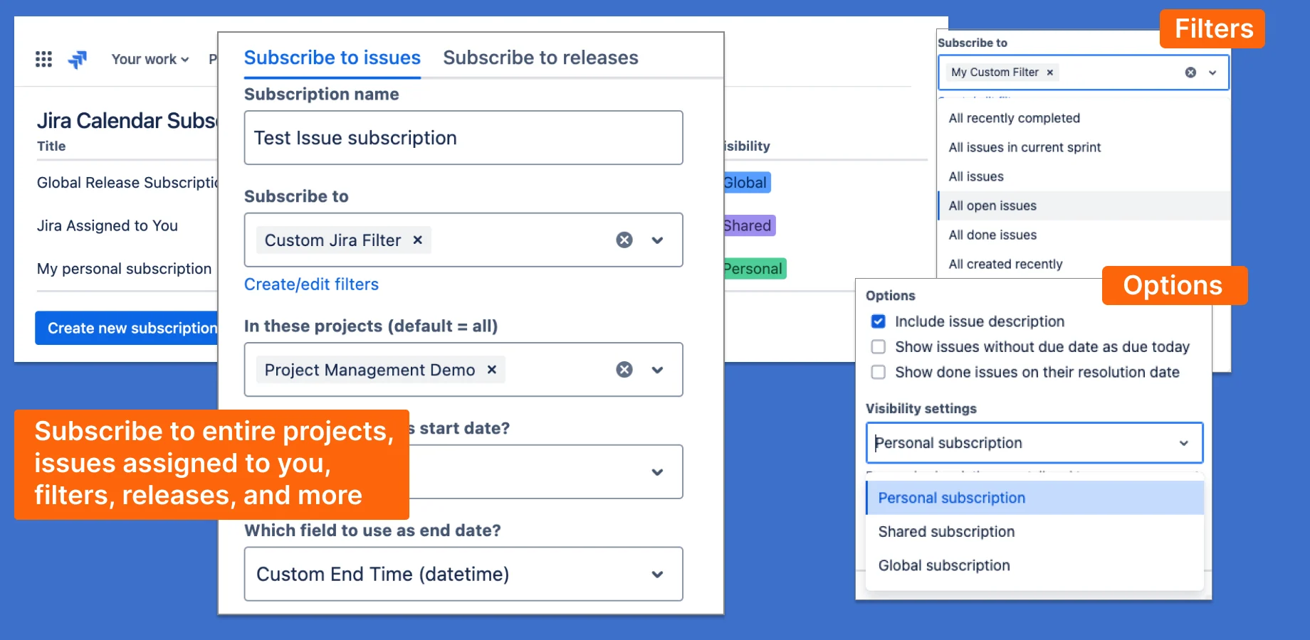 Subscribe to Jira Filters and Release Calendars