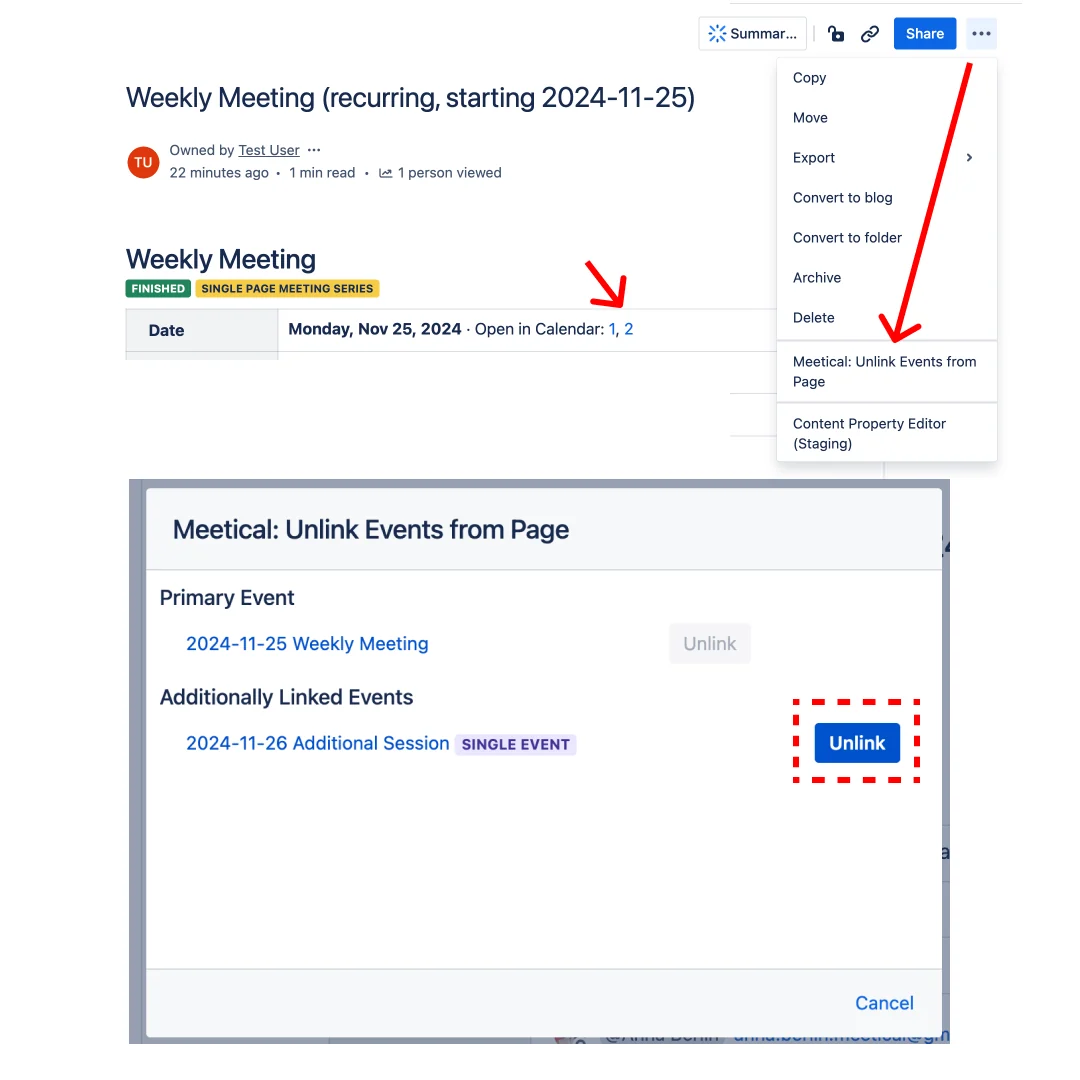 meetical-link-calendar-events-to-an-existing-confluence-page-screenshot-unlinking-additional-events.webp