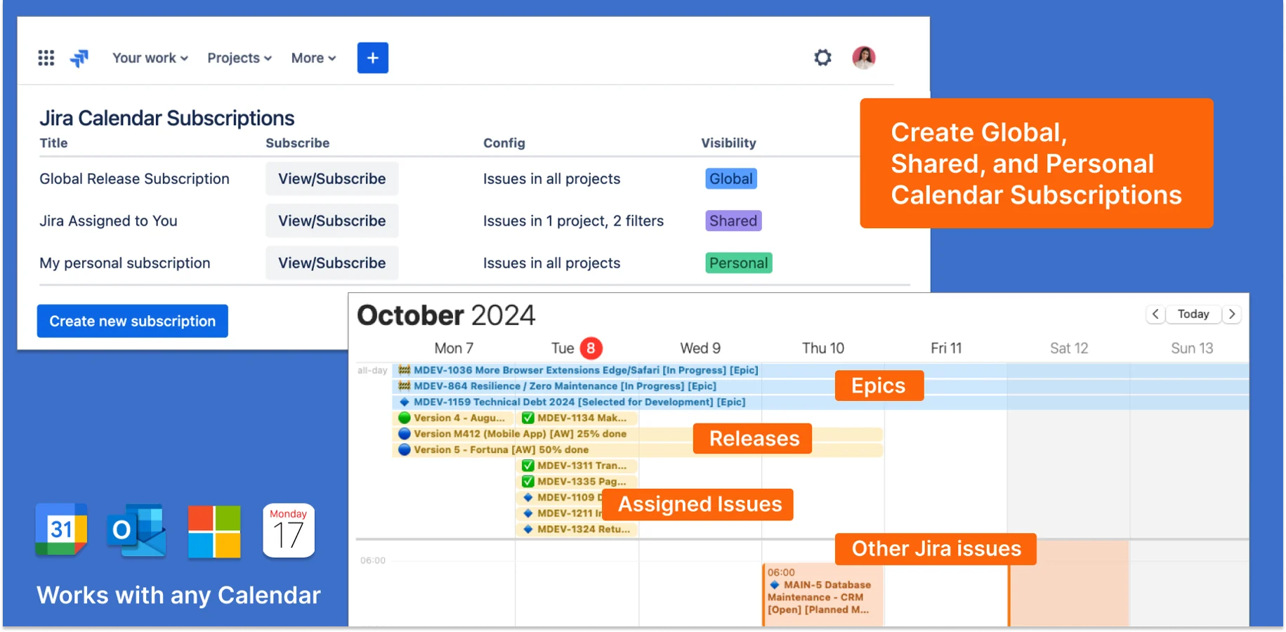 The screenshot shows examples of subscriptions that include personal tasks, project versions and releases, epics, and scheduled maintenances.